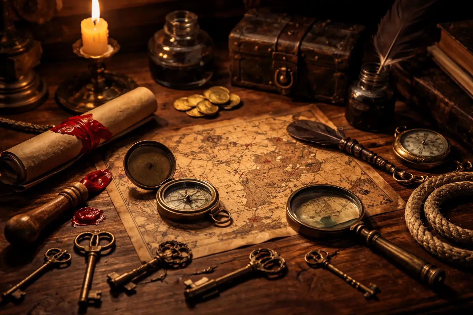 Szabaduloszoba hangulat — rejtelyes targyak sotet hatterrel